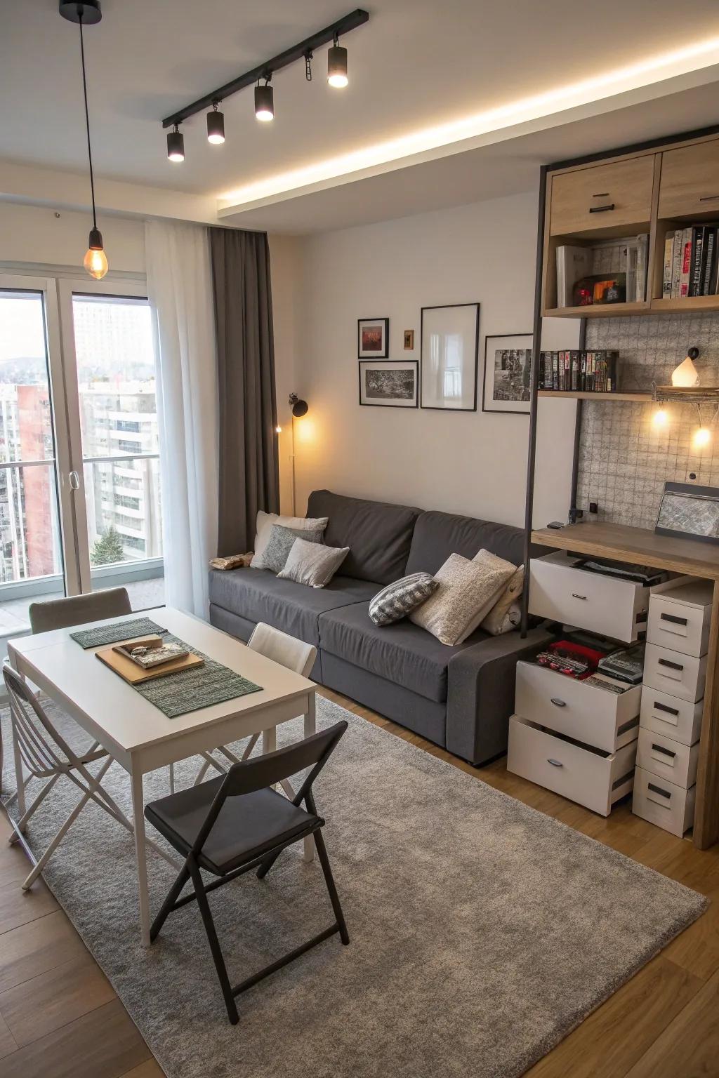 Clever utilization of space with multi-functional furniture in a compact living room.