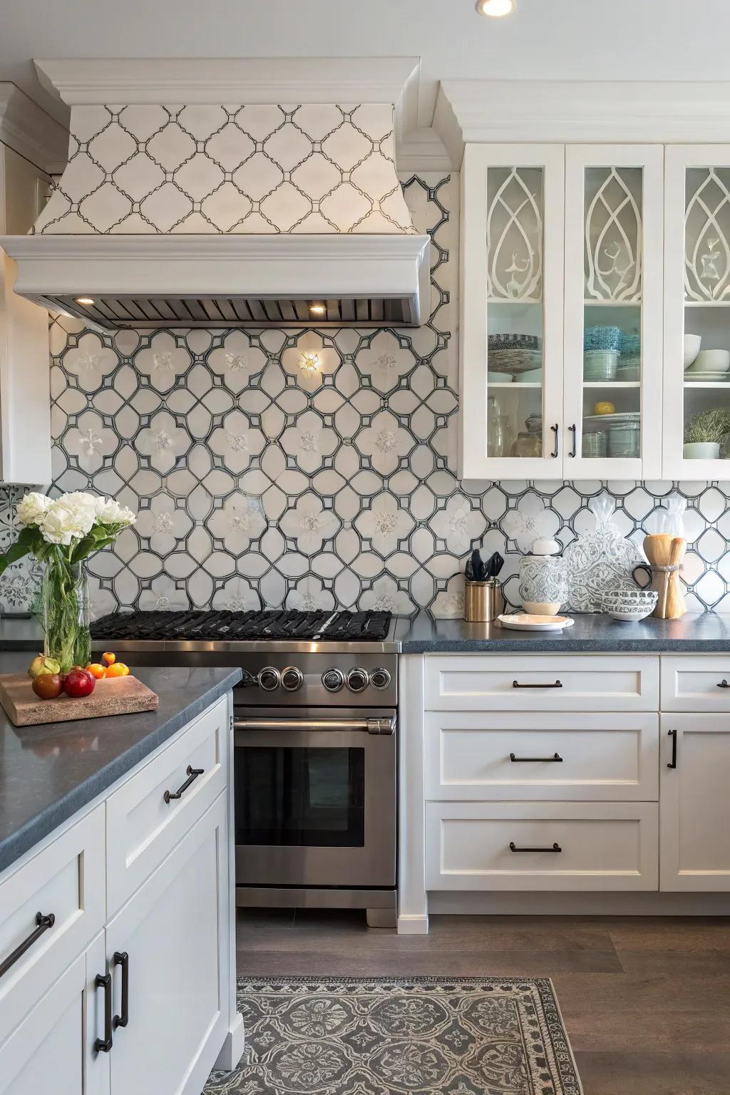 A modern kitchen featuring an arabesque tile backsplash with contrasting grout for added style.