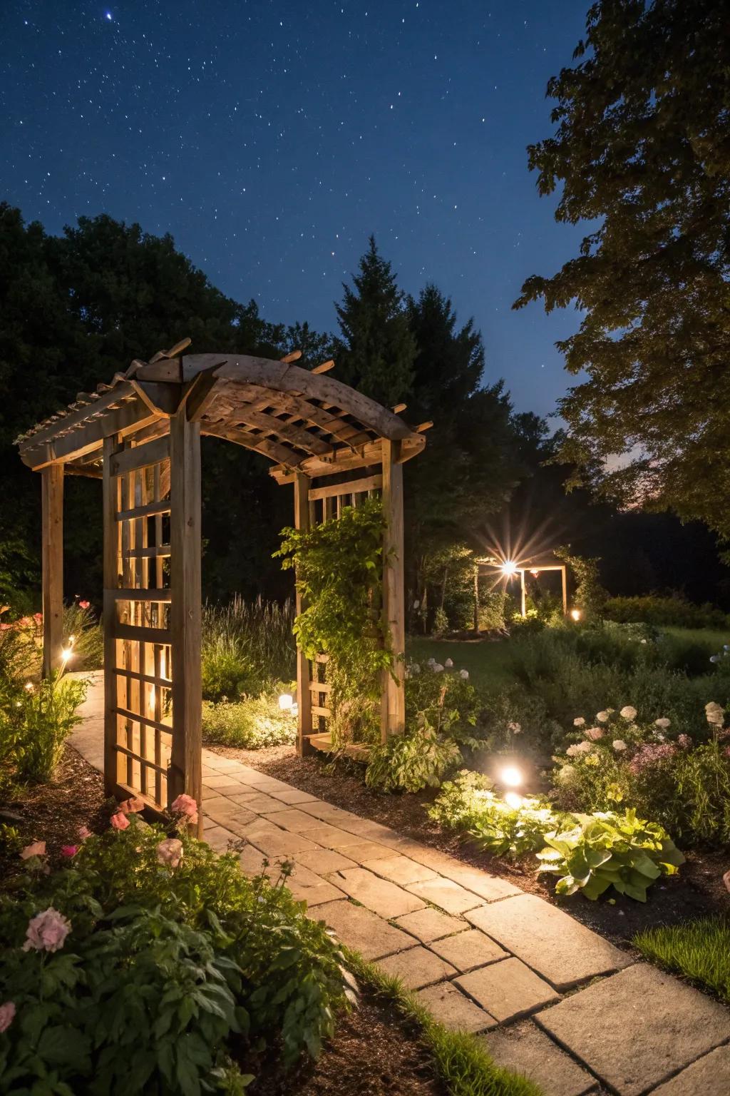 An illuminated arbor creating a magical nighttime garden atmosphere.