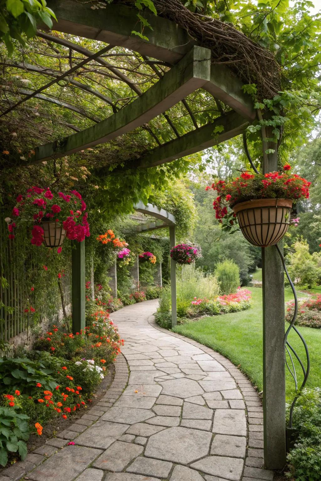 Hanging planters on an arbor introduce rich layers to the garden.