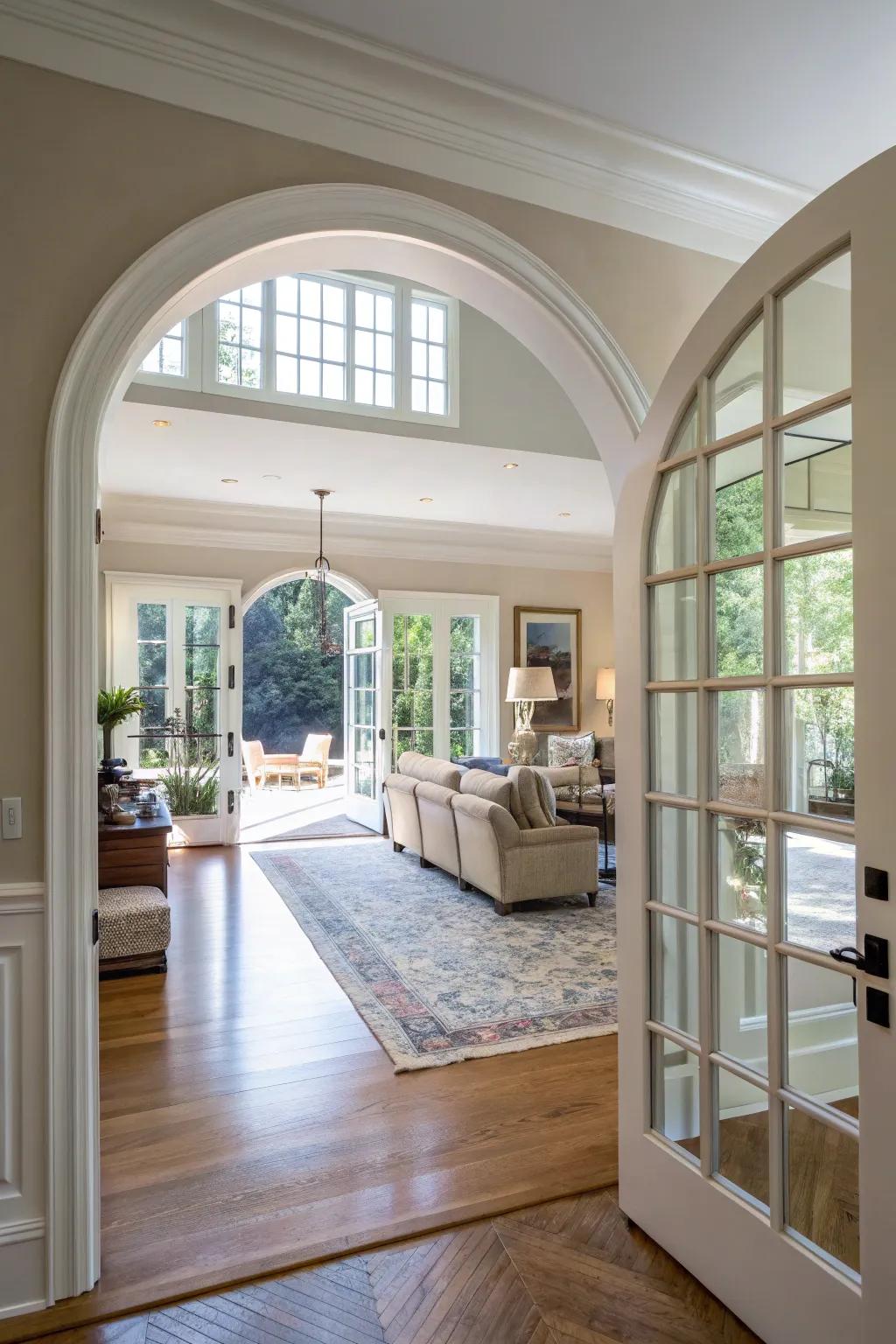 An archway door enhancing the open concept flow in a harmonious living space.