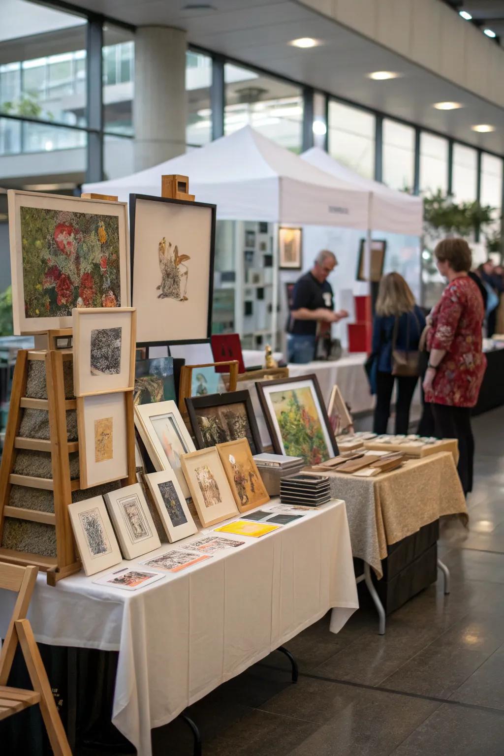 Platforms with supports introduce dimension to the display, showcasing smaller artworks effectively.