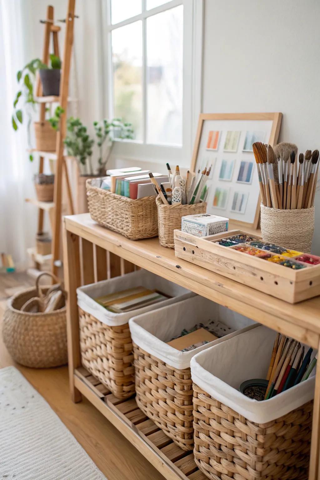 Baskets and bins offer tidy storage for larger art supplies.