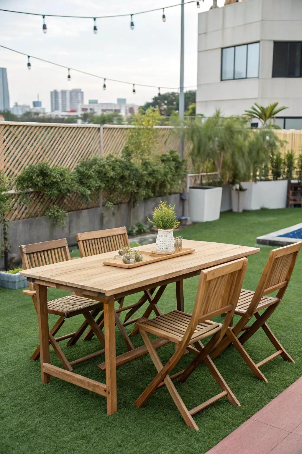 A stylish dining space set on vibrant synthetic turf.