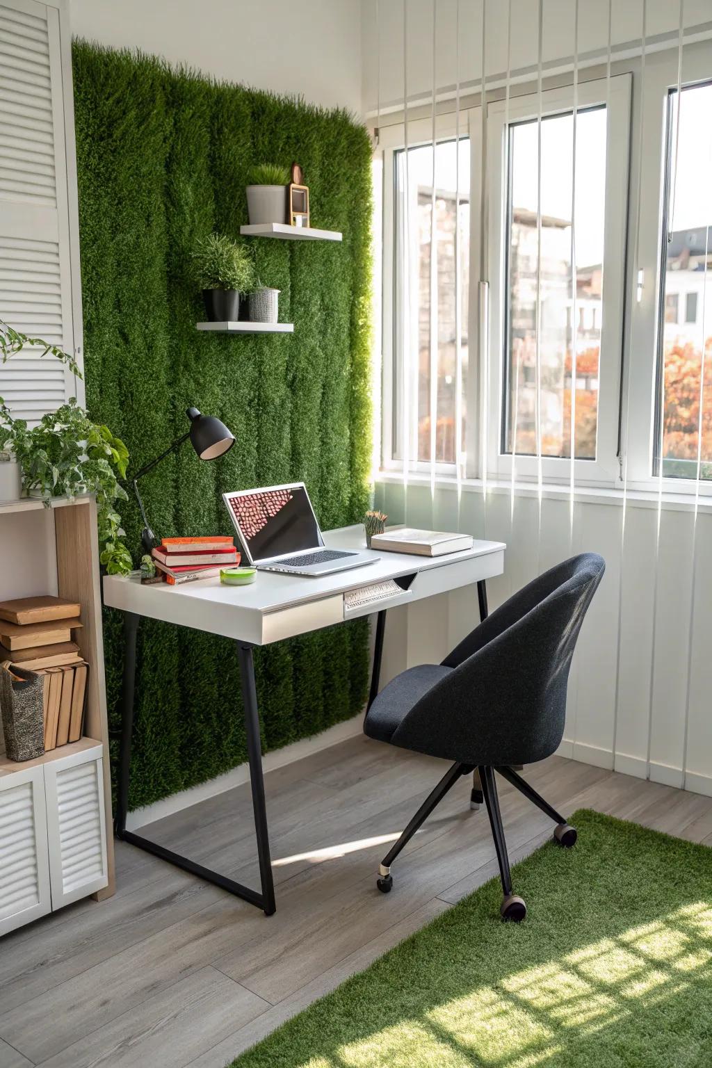 A home office enhanced by a faux verdant wall, encouraging focus and tranquility.