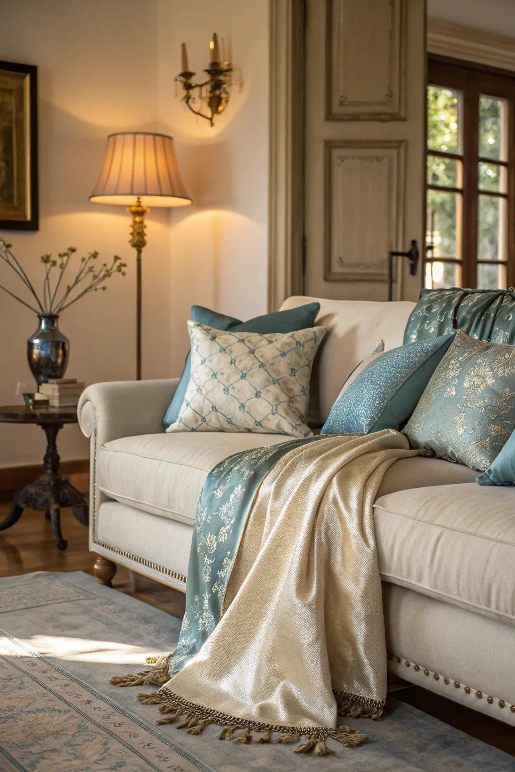 Silk textiles add a sense of luxury and softness.