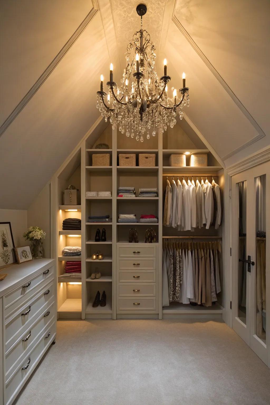 Elegant lighting adds charm to your attic closet.