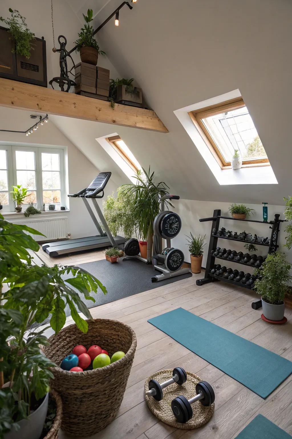 Plant life gives vitality and freshness to your attic fitness studio.