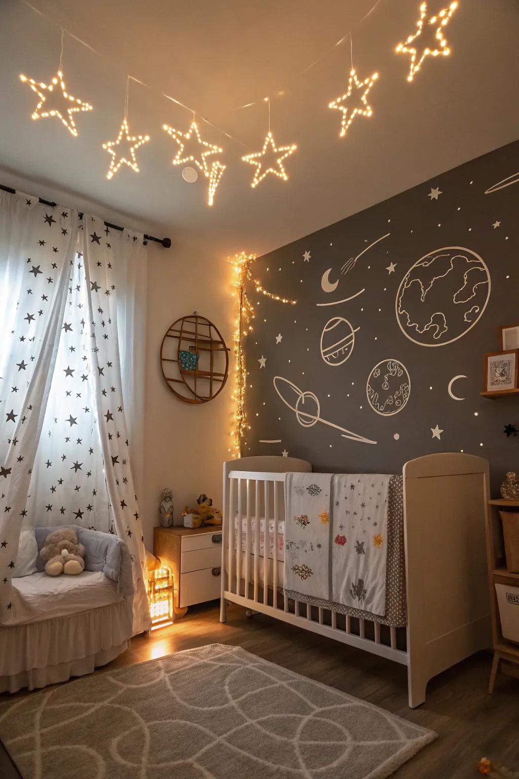 Dream beneath the cosmos with a nursery inspired by celestial themes.