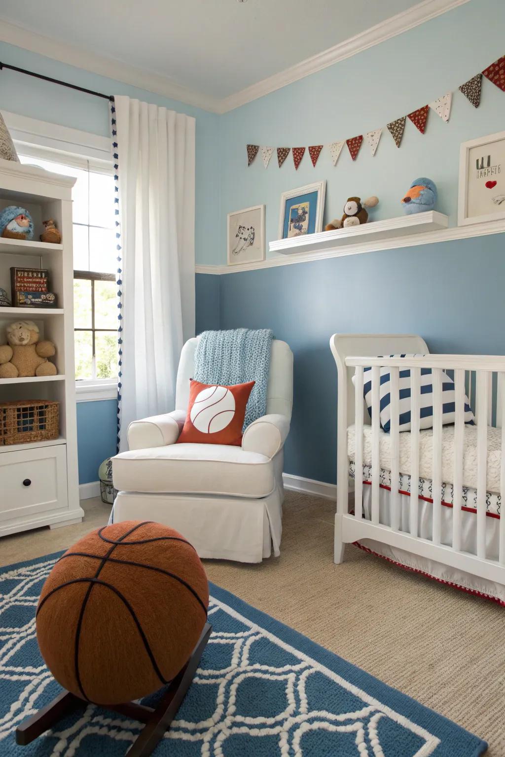 A calming color scheme with sporty accents creates a balanced nursery atmosphere.