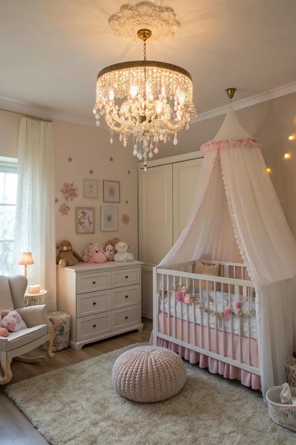 The nursery is made more elegant and welcoming by a hanging lamp.