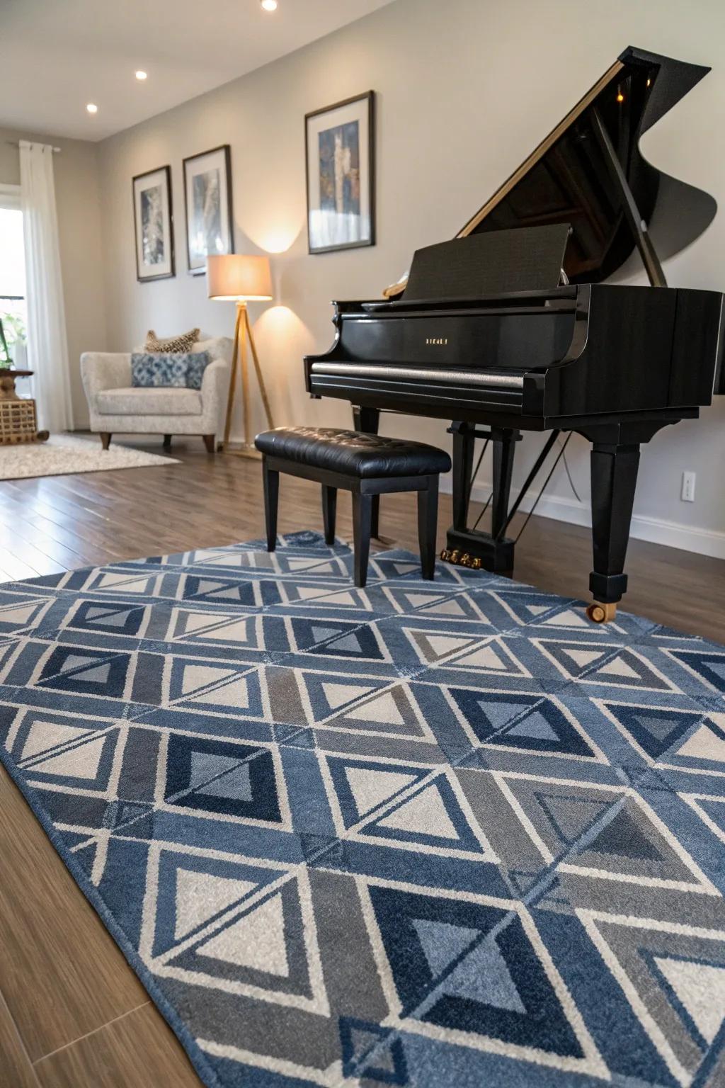 A detailed rug adds texture and defines the piano area.