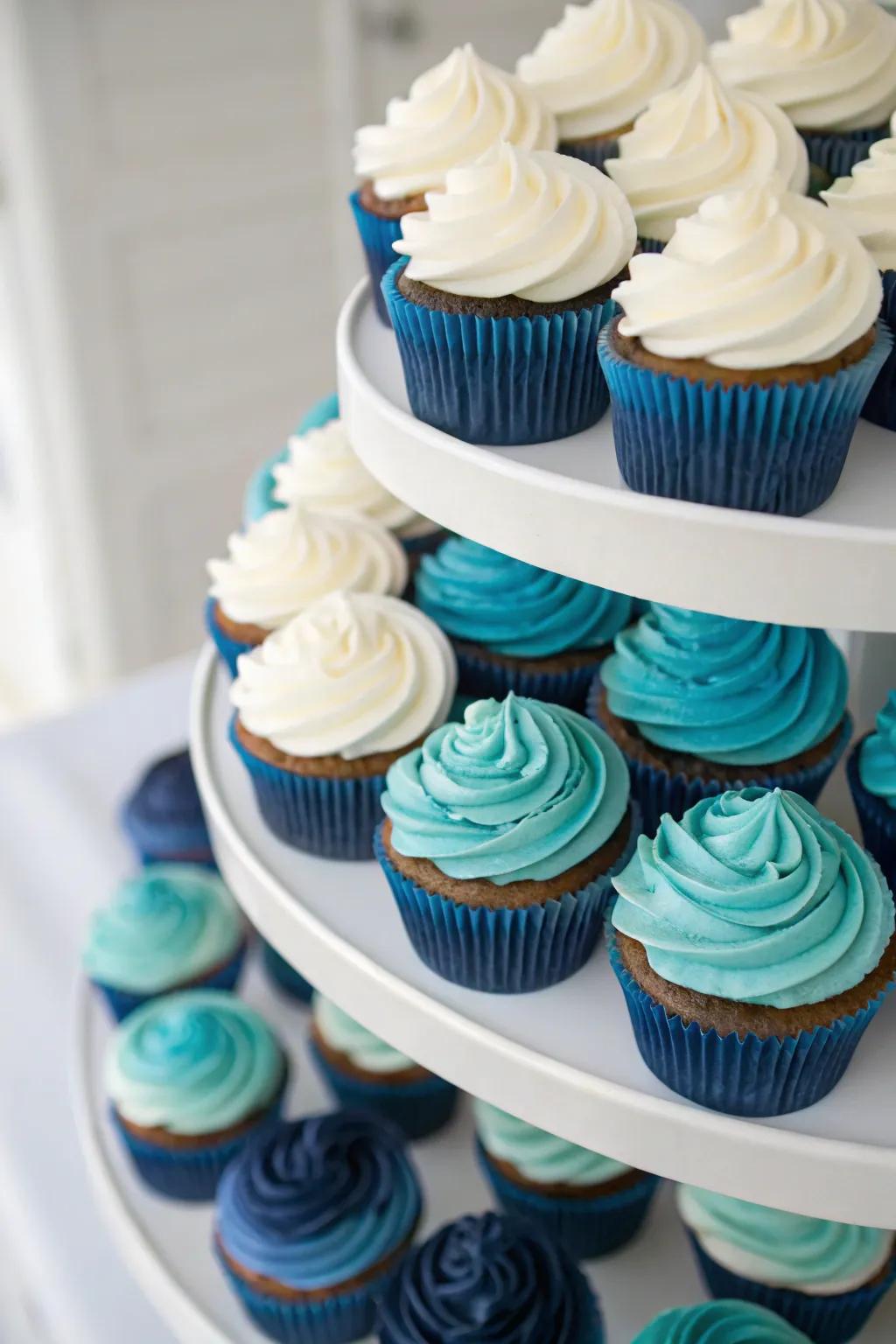 Gradient frosting cupcakes contribute a touch of refinement to any baby shower.