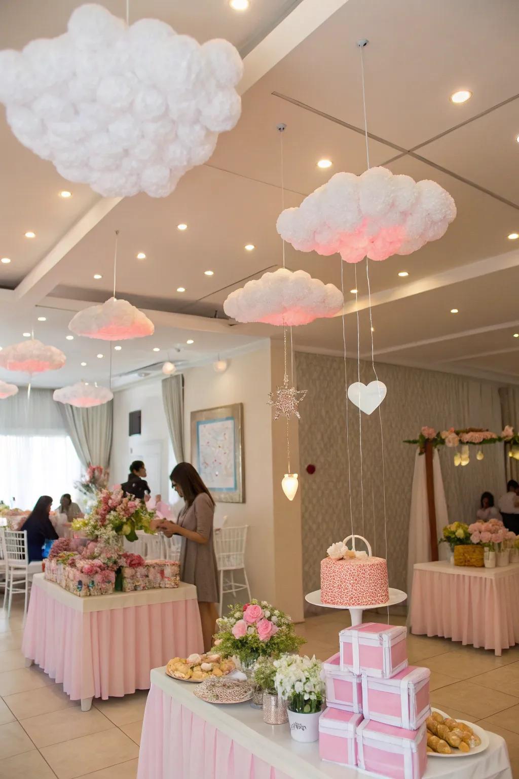 Soft fluffy decorations suspended from the ceiling create a dreamy atmosphere.