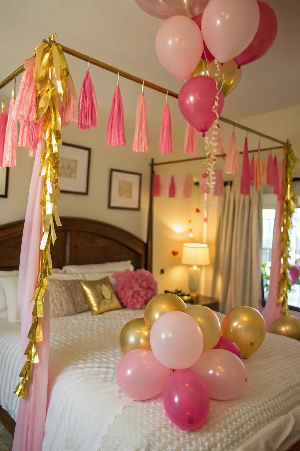 A cheerful bed decor featuring balloons and decorative tassels.