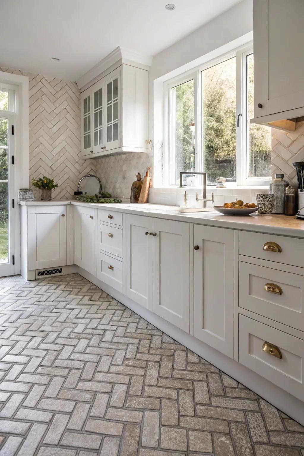 Angled parquet patterns enhance this white kitchen with a touch of elegance.