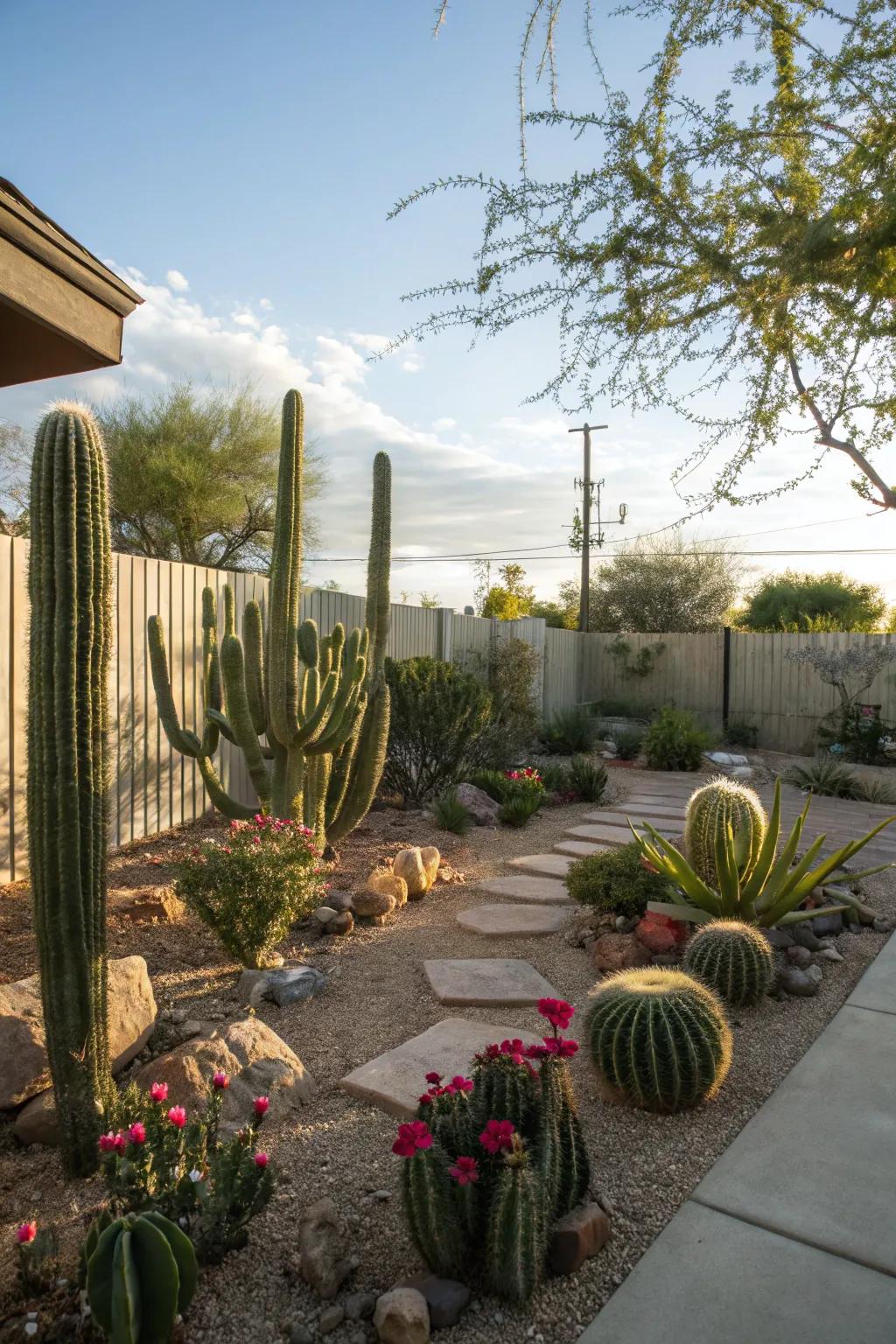 A well-blended cactus garden that thrives in the sunlight.