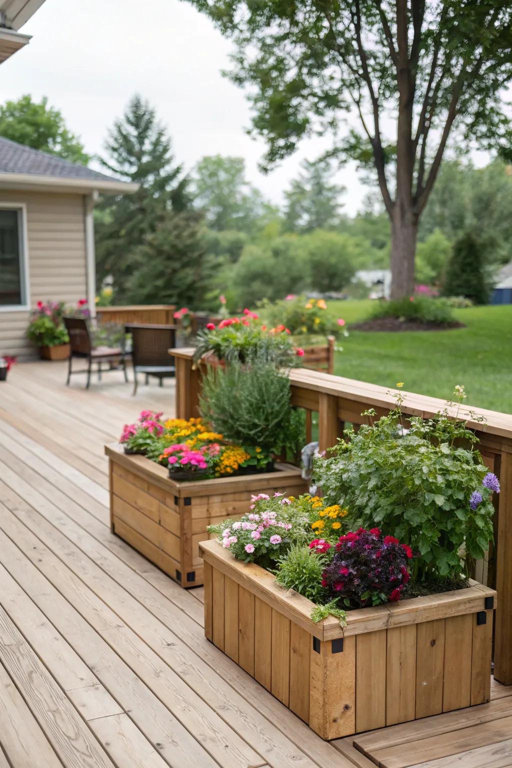 Integrated planters can introduce vibrant life to your deck.