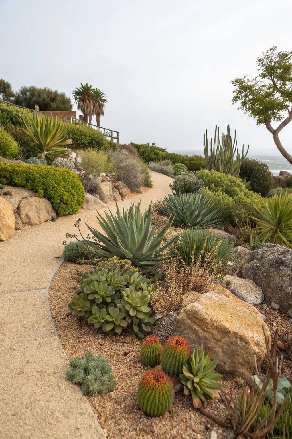 A stunning dry garden with crushed rock fines, displaying drought-tolerant beauty.