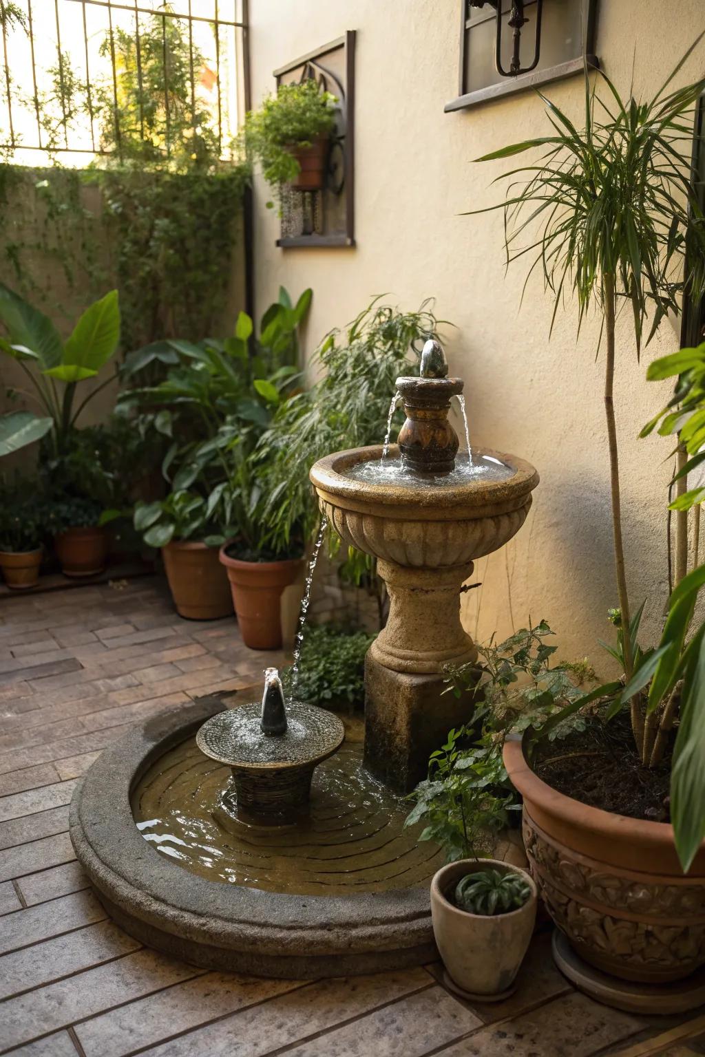 Perfect for small spaces, an all-in-one fountain enhances any patio.