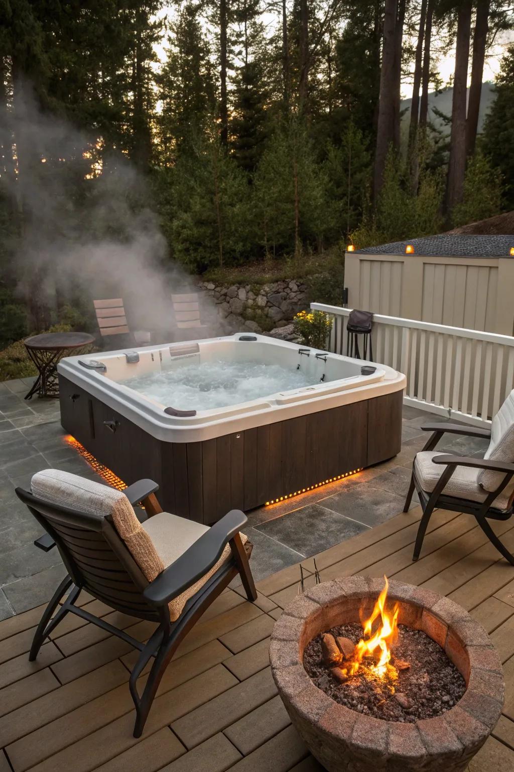 A bonfire spot attaches warmth and atmosphere to any hot tub space.