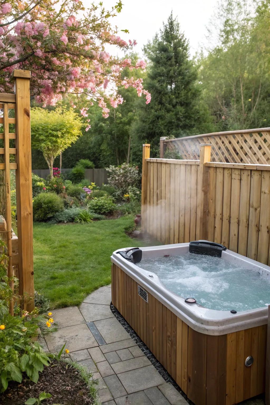 A rustic fence beautifully complements the natural environment of a backyard hot tub.