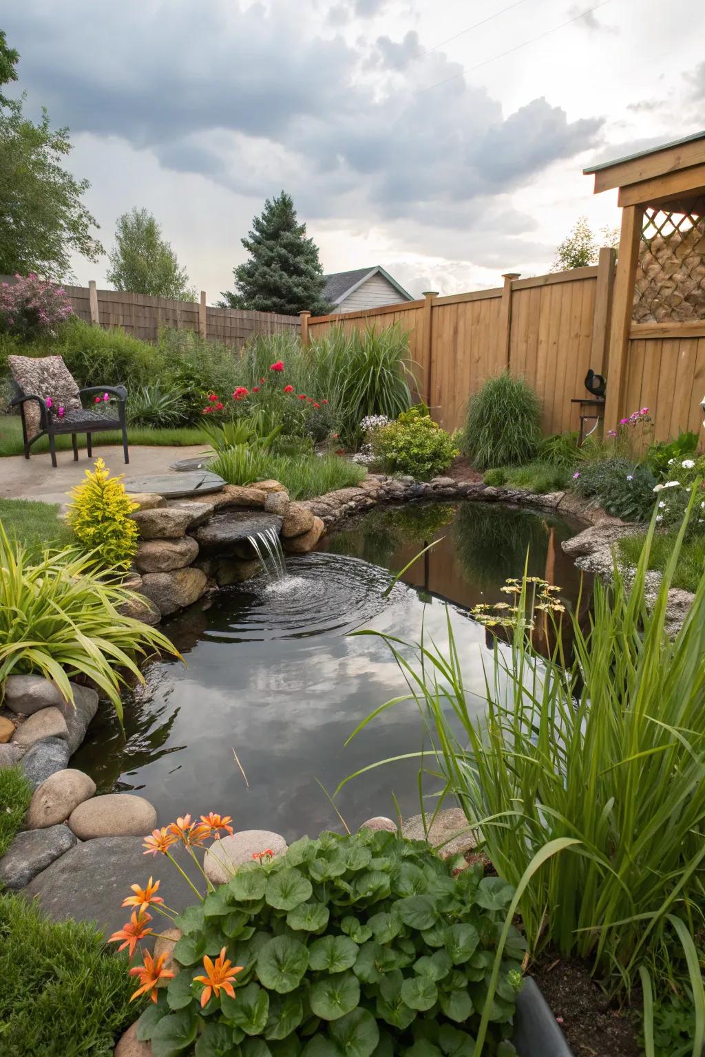 A peaceful water feature enhances relaxation.