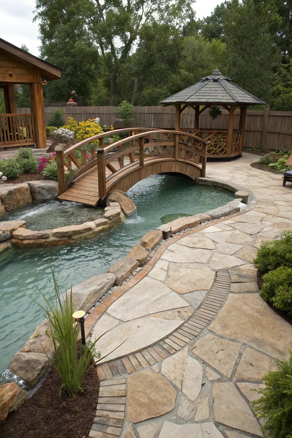An inviting walkway over a lazy river pool, introducing charm and access.