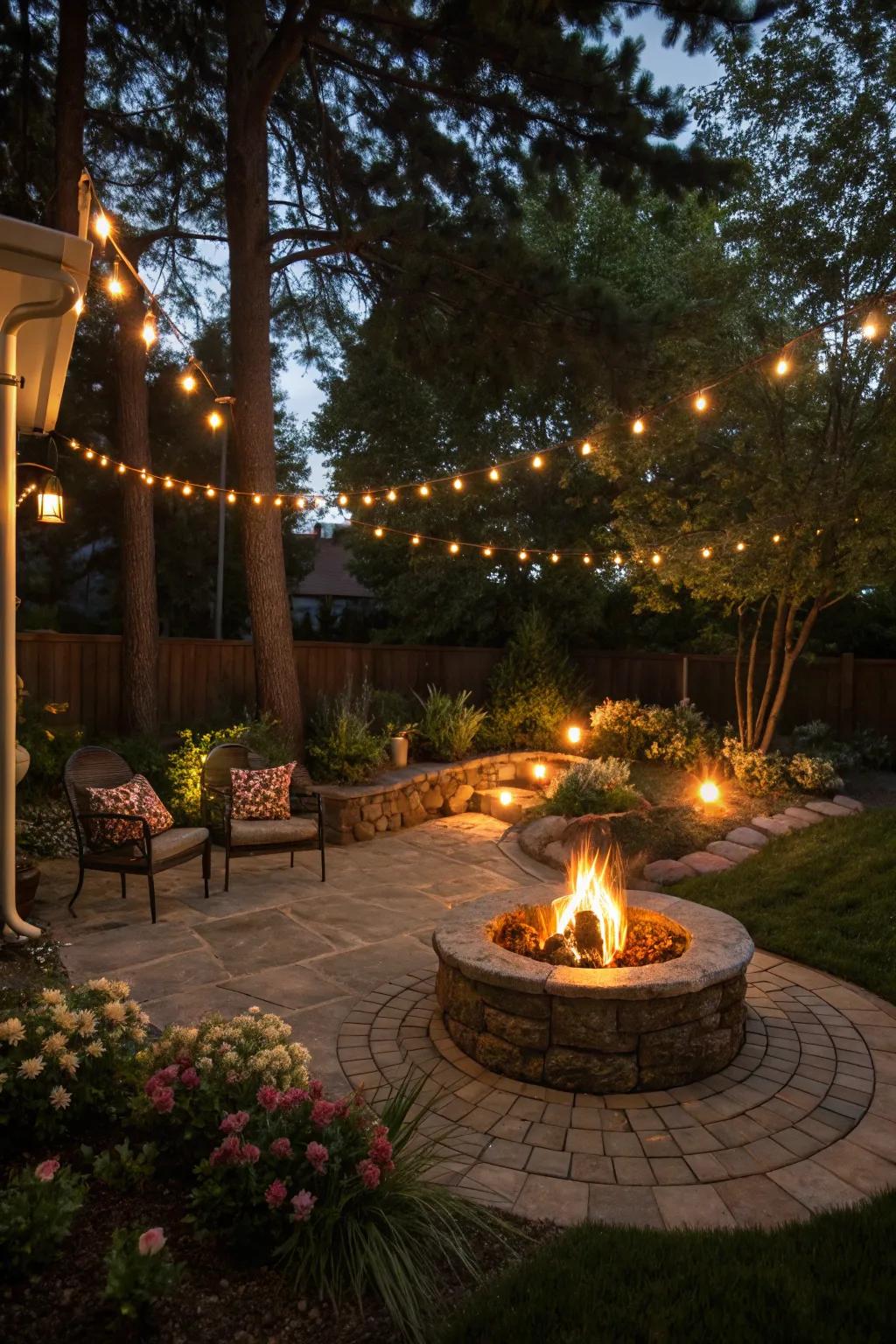 Lighting around a fire pit makes it the cozy centerpiece of any party.