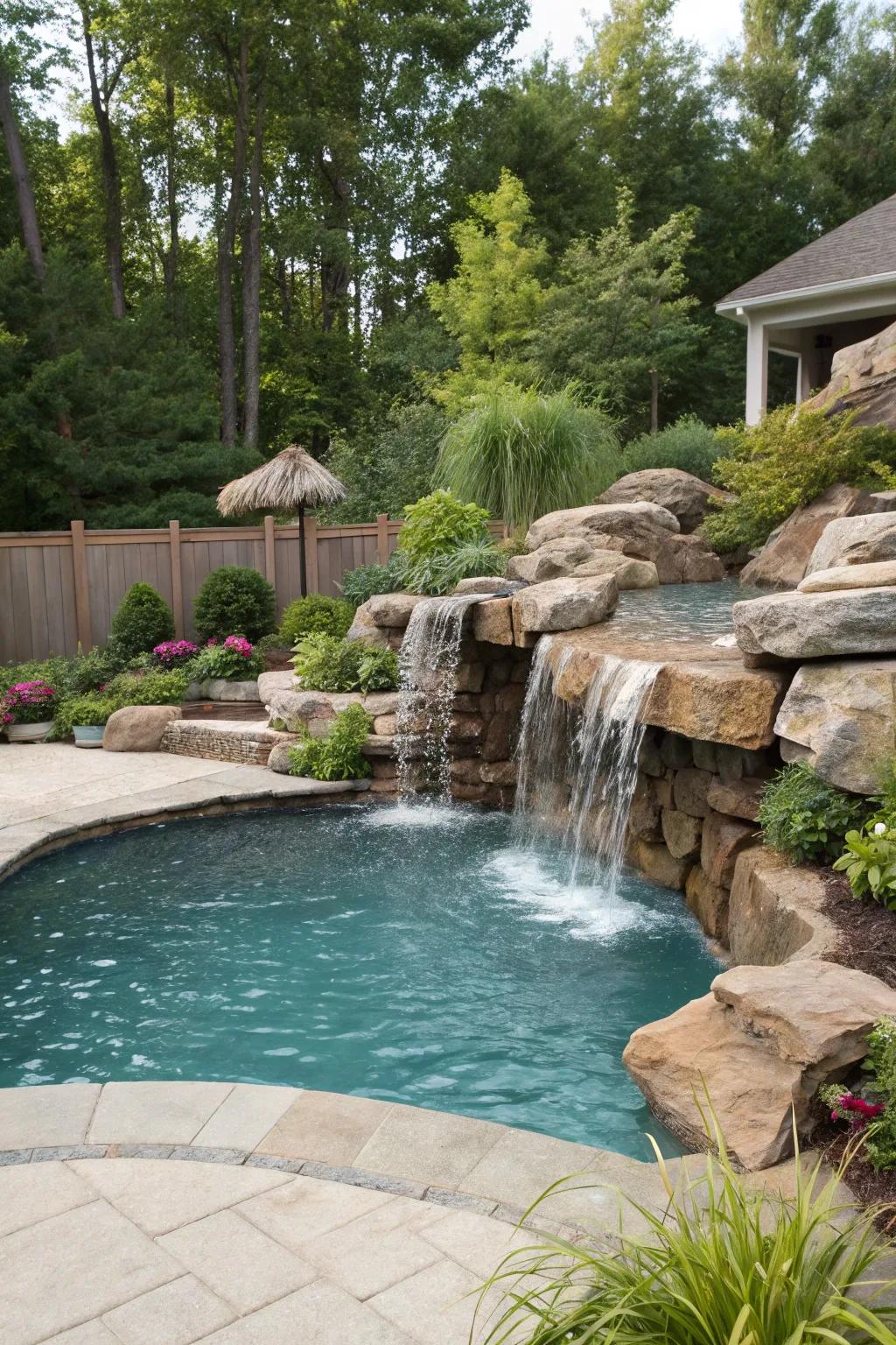 Improve your pool with a calming cascade component.