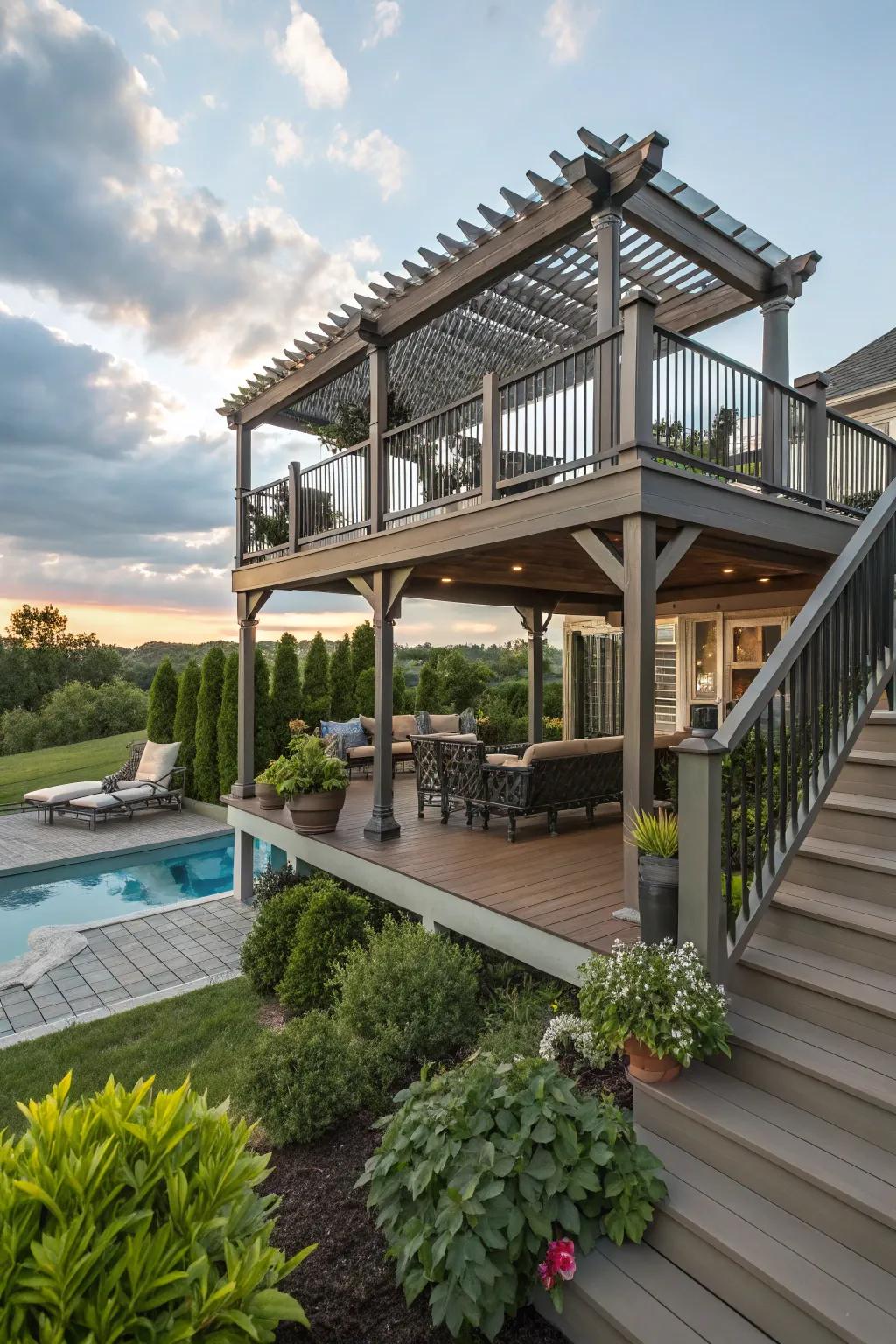 Multi-tiered decking with pergola improves poolside appearances.
