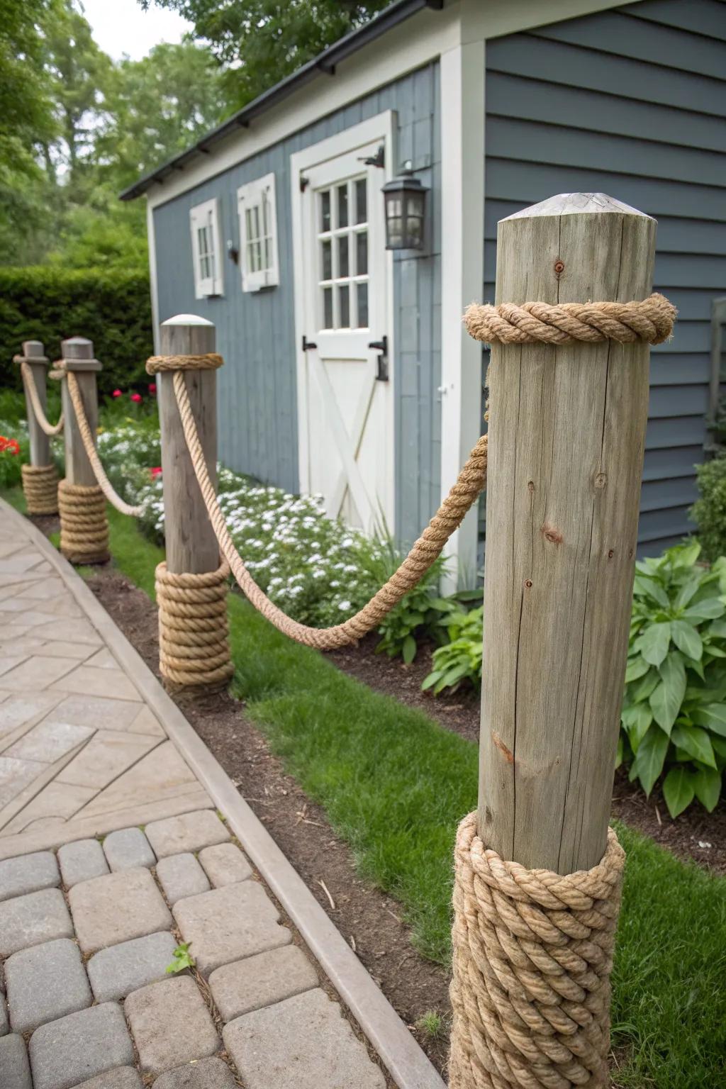 Get a rustic style using rope-wrapped posts in your garden.