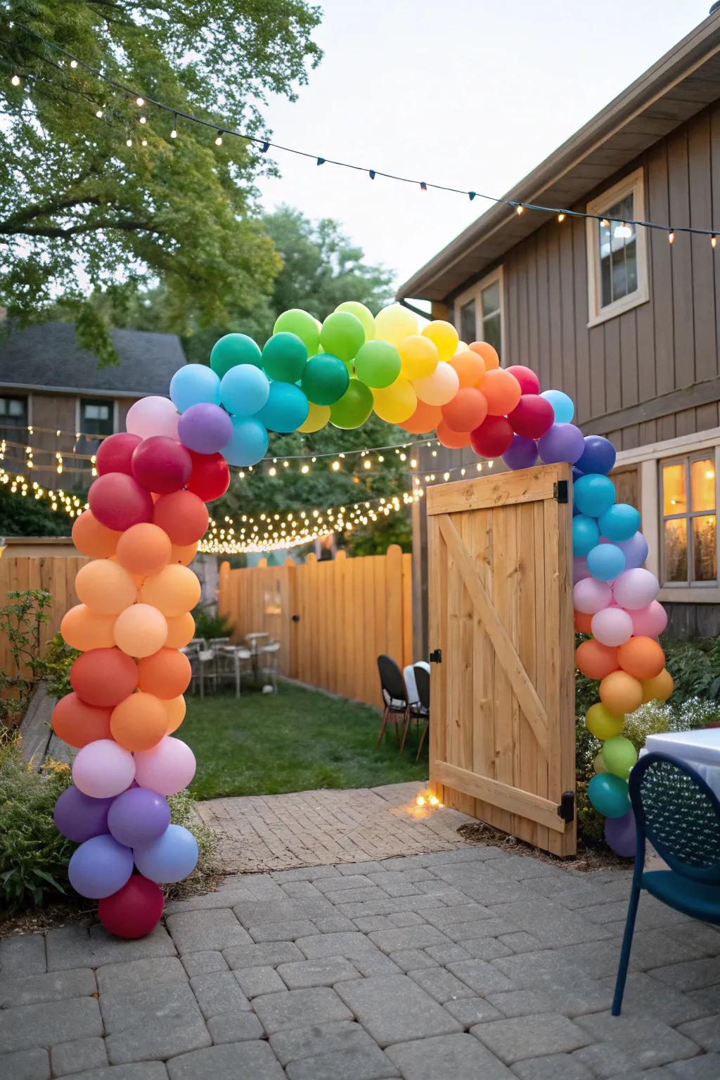 A vibrant balloon arch welcoming guests to the party.