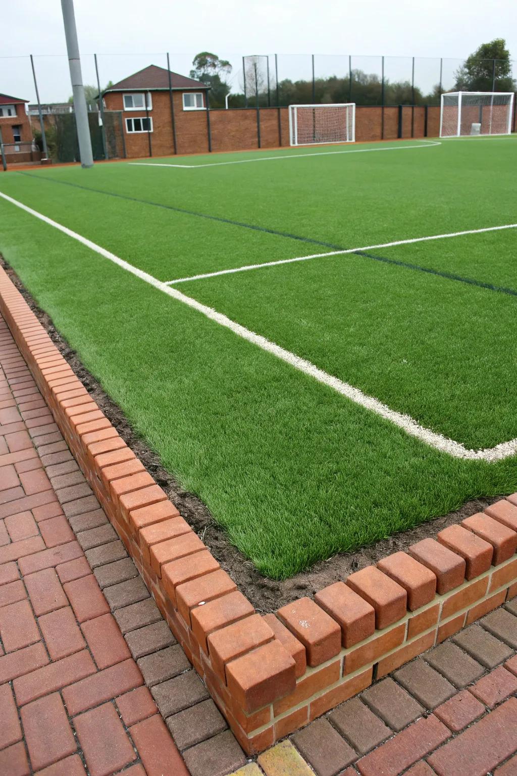Crisp brick borders defining lush artificial lawn.