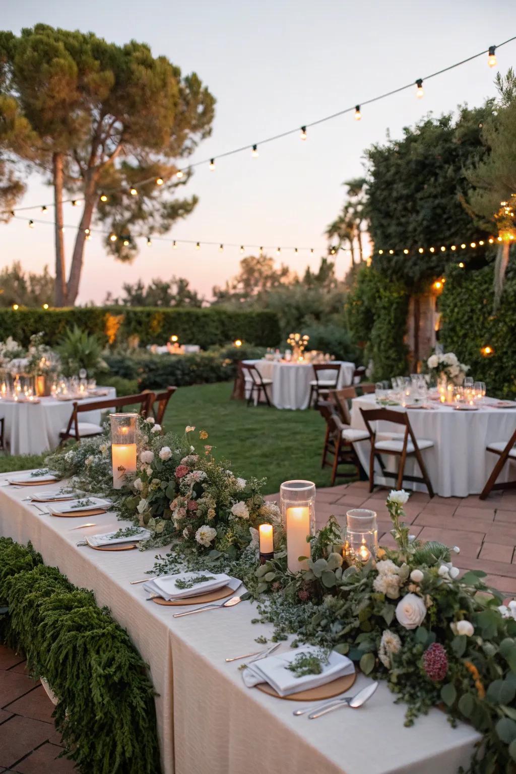 Stylish reception tables adorned with natural greenery and candles for a serene ambiance.
