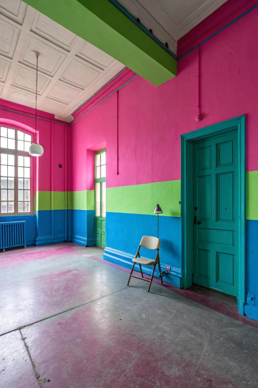 A room showcasing a clashing and vibrant neon color scheme.