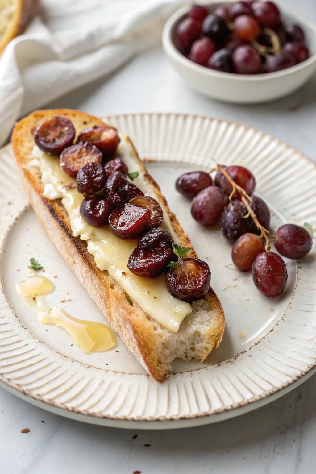 A delightful union of broiled grapes and Brie on a French loaf.