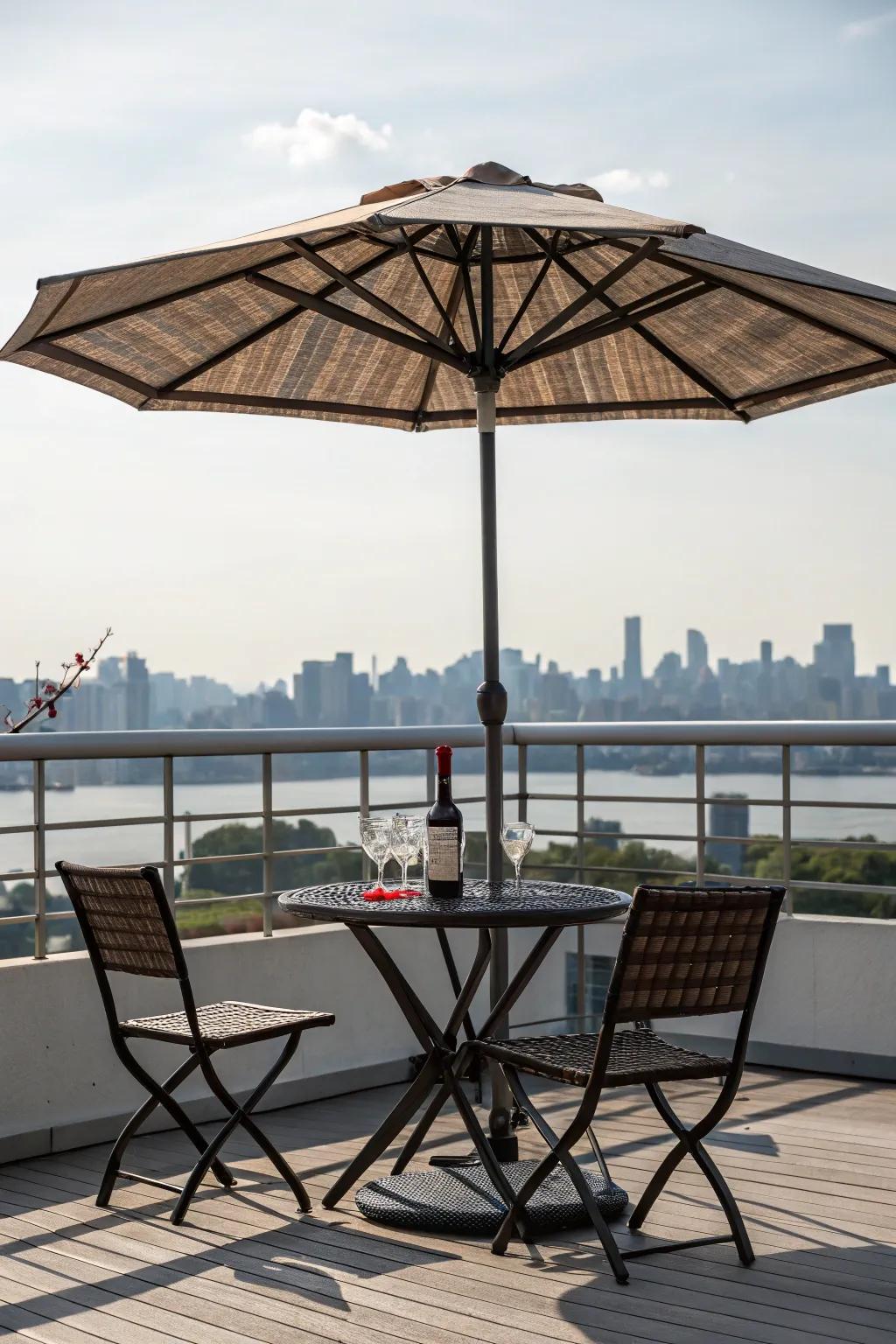 A large umbrella providing shade over a balcony dining set.