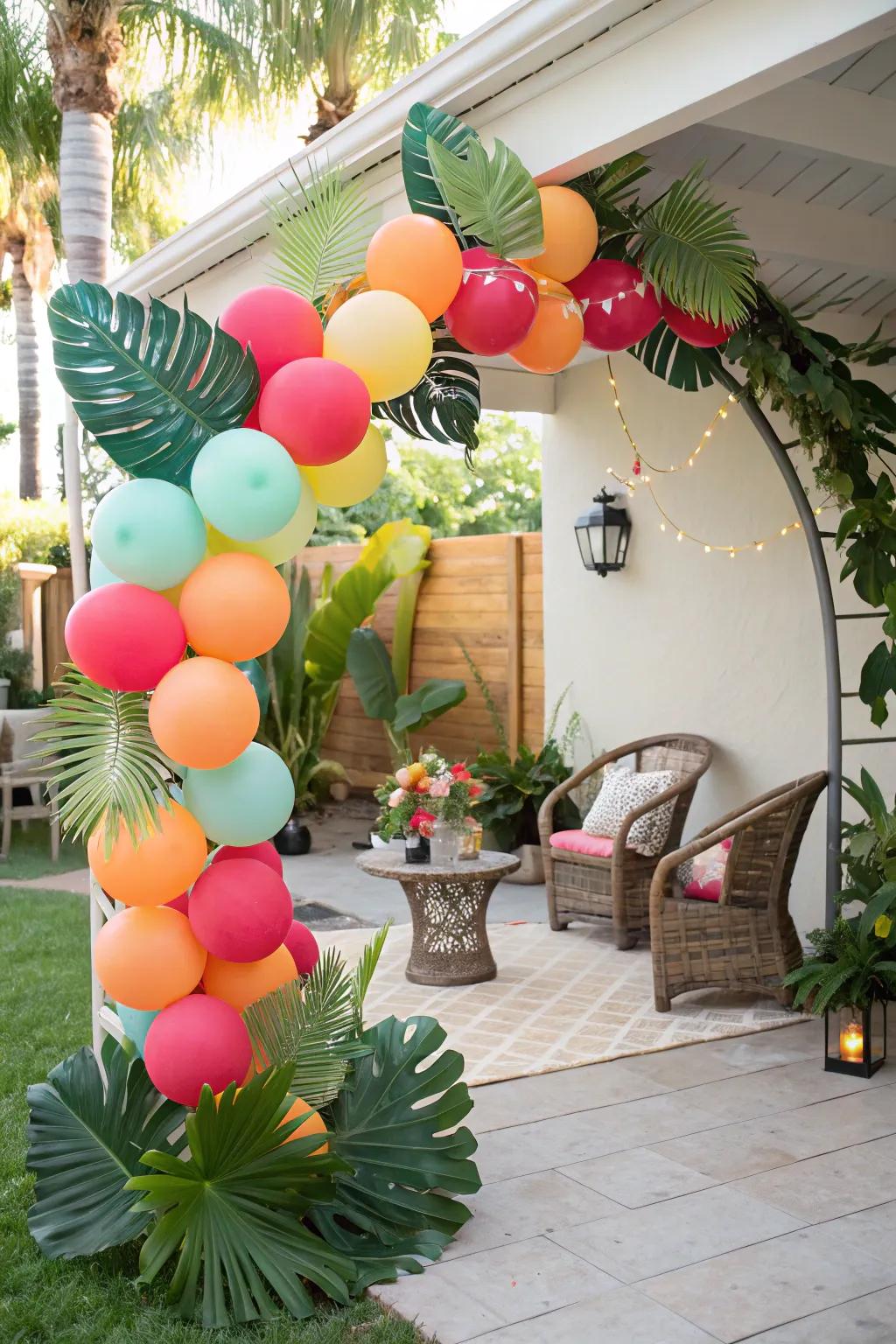 Bright colors and tropical leaves create a playful, island atmosphere.