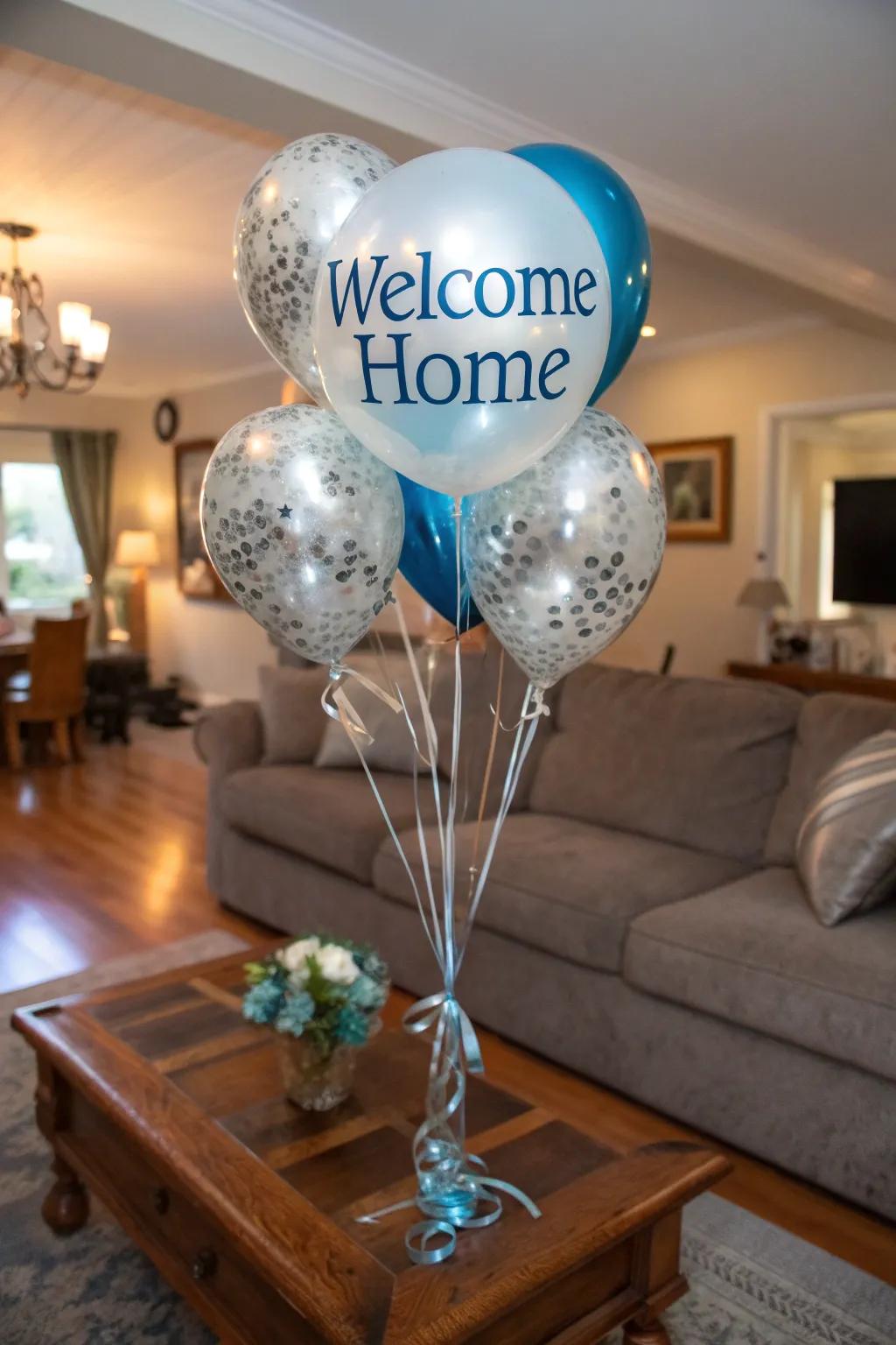 A customized 'Welcome Home' balloon configuration creates a grand statement.