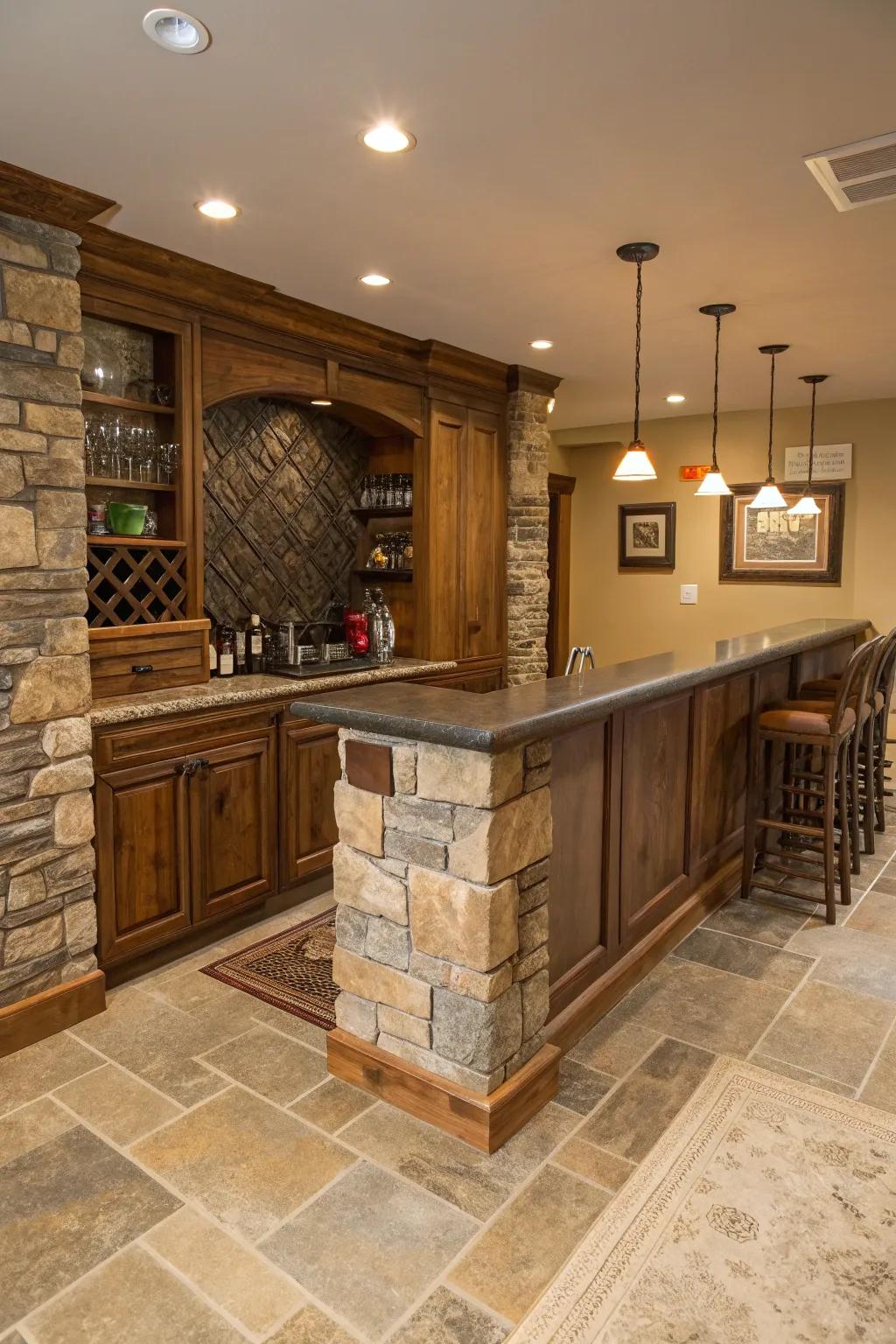 A harmonious home bar that incorporates natural stone features.
