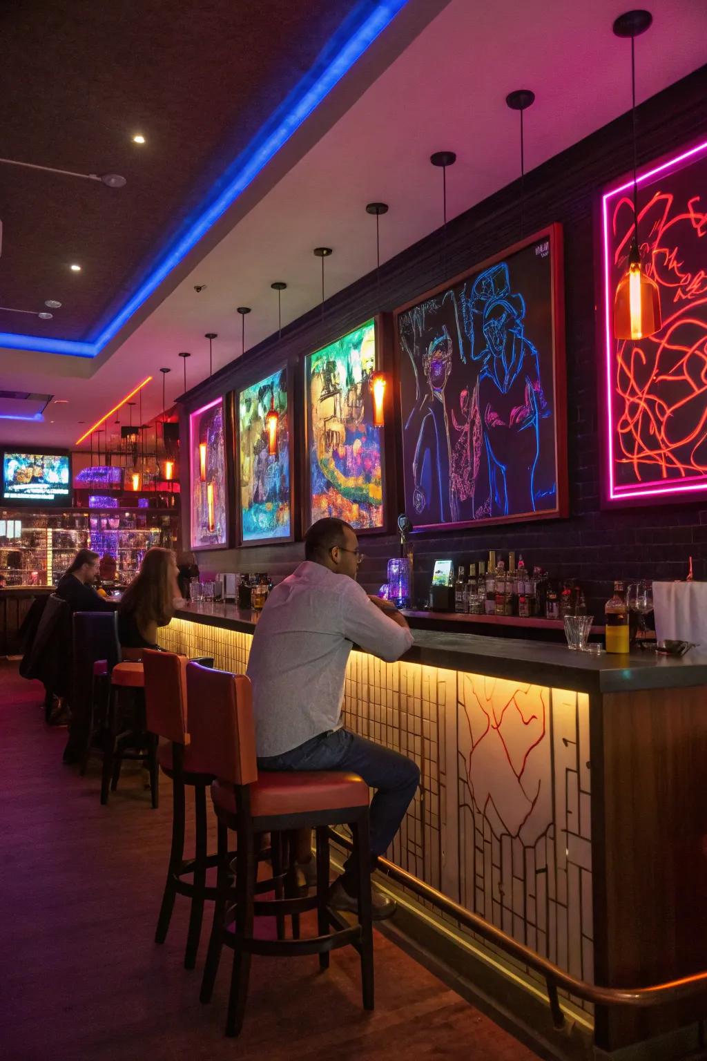 Neon-inspired art imbues an energetic radiance in your bar.