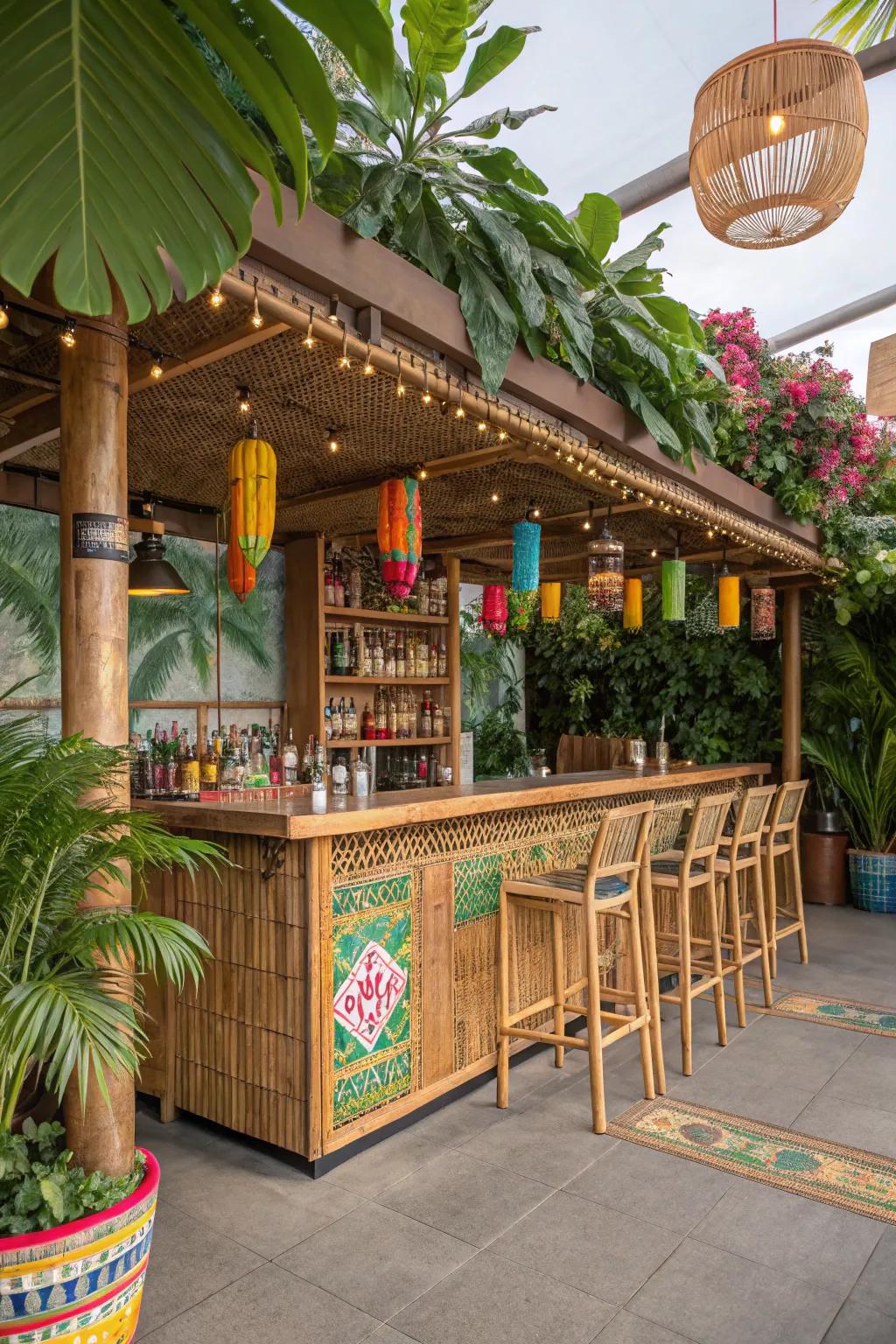 A tiki bar theme delivers tropical vibes to your home.