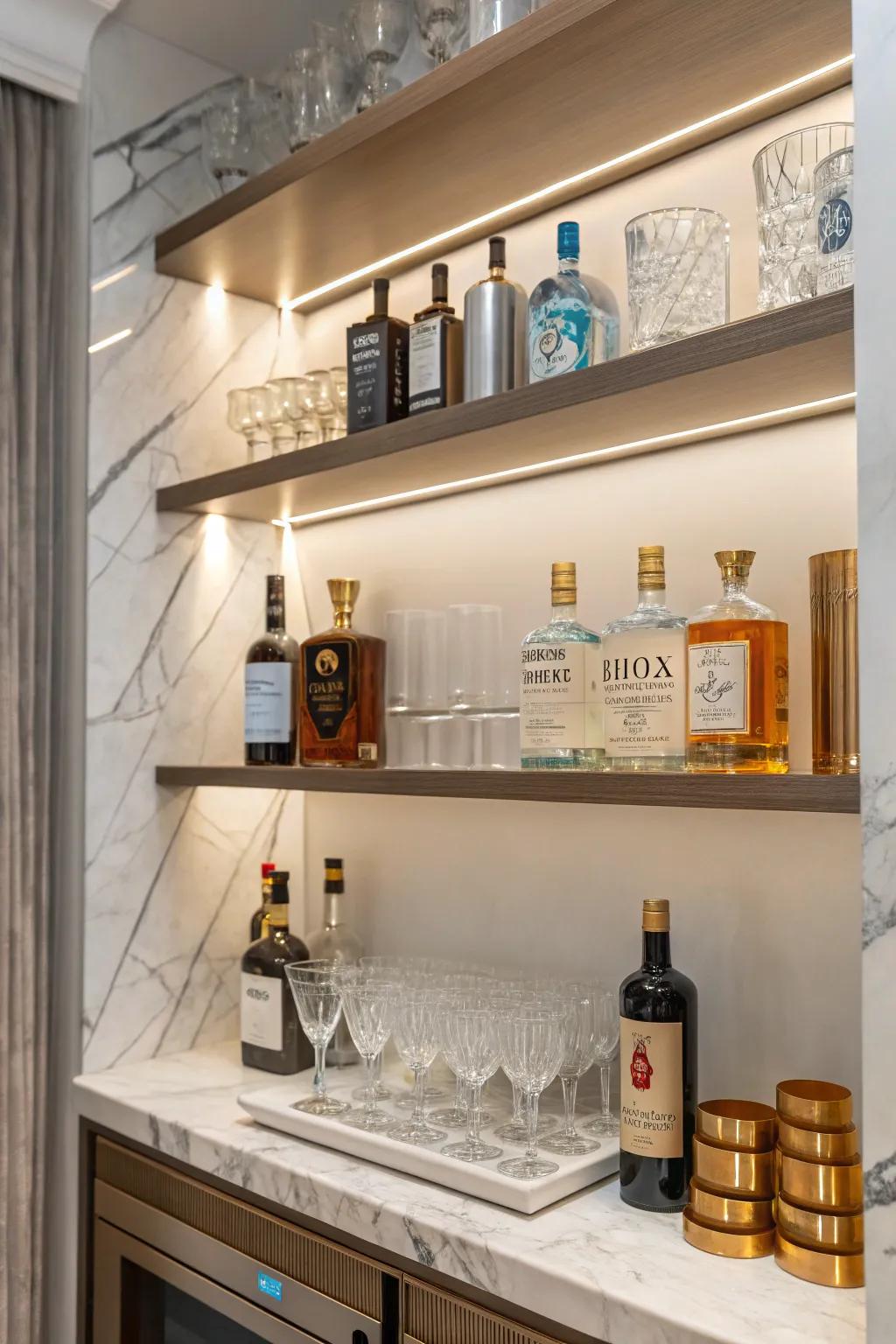 Fashionable marble shelves add a luxurious feel to your bar.