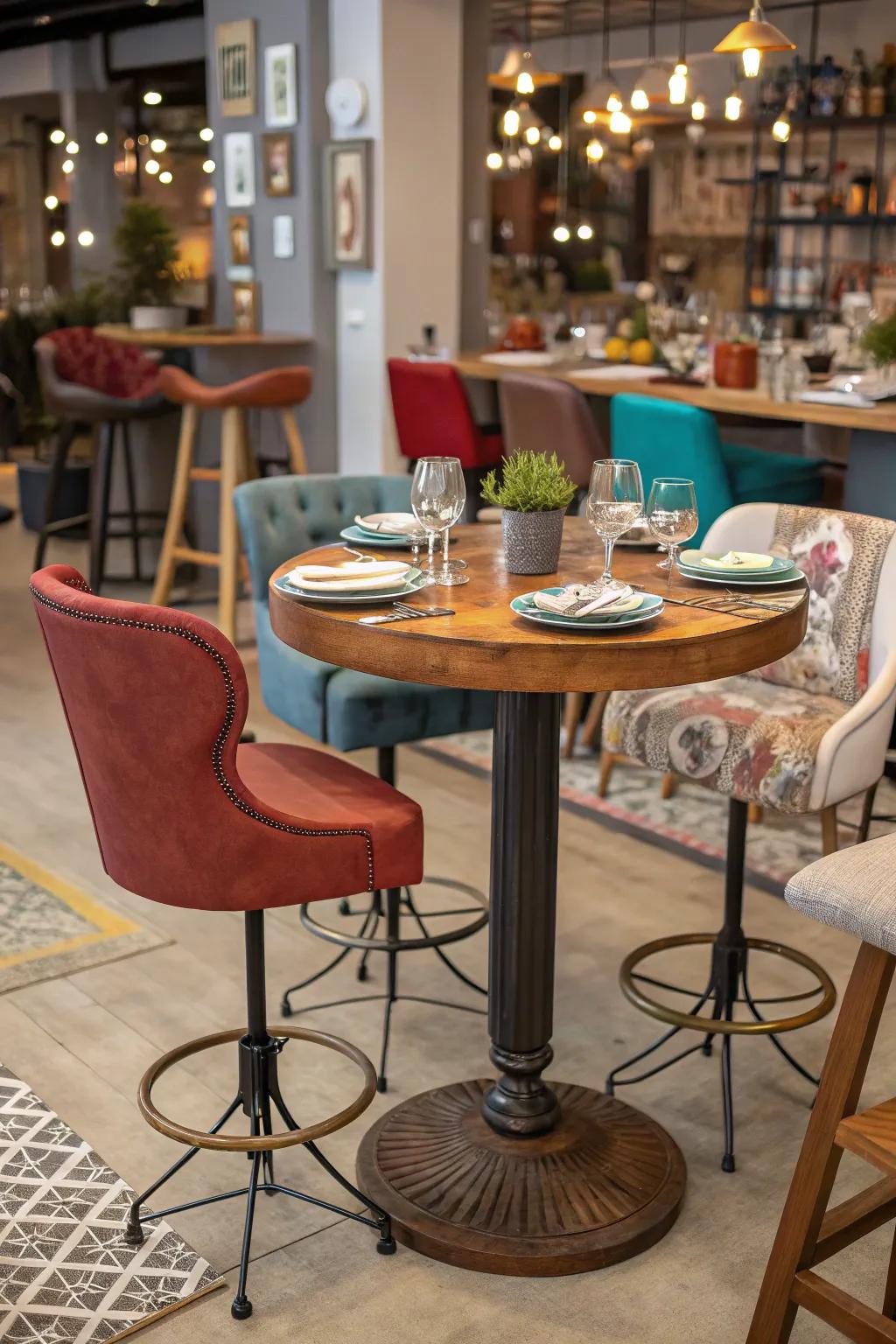 Assorted seating choices surrounding a fashionable bar table.