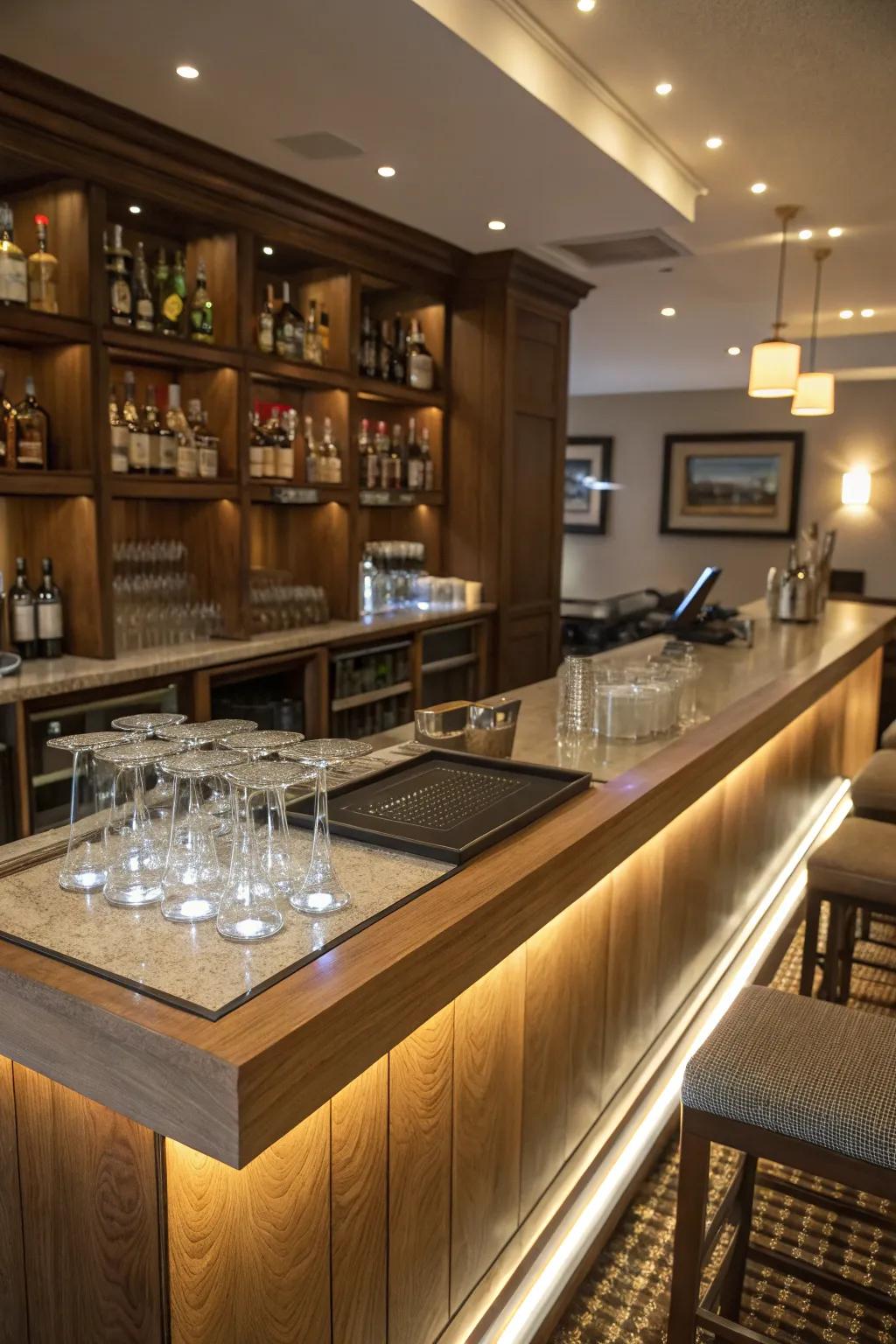 Integrated lighting elevates the bar top ambiance.