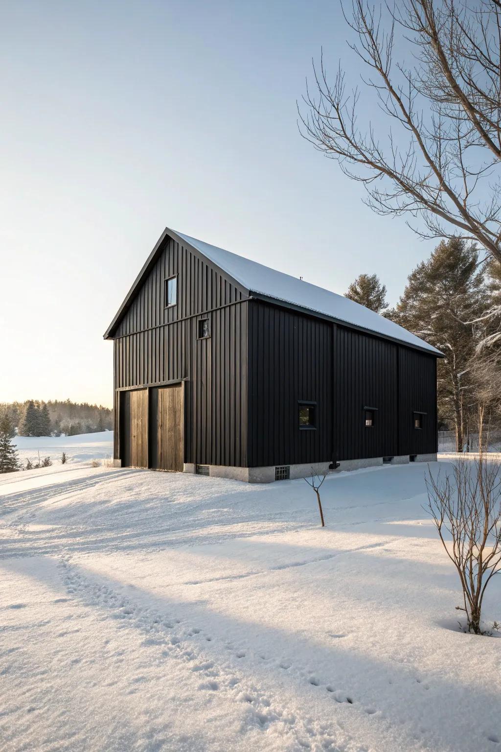 A bold black barn that stands out in a peaceful winter landscape.