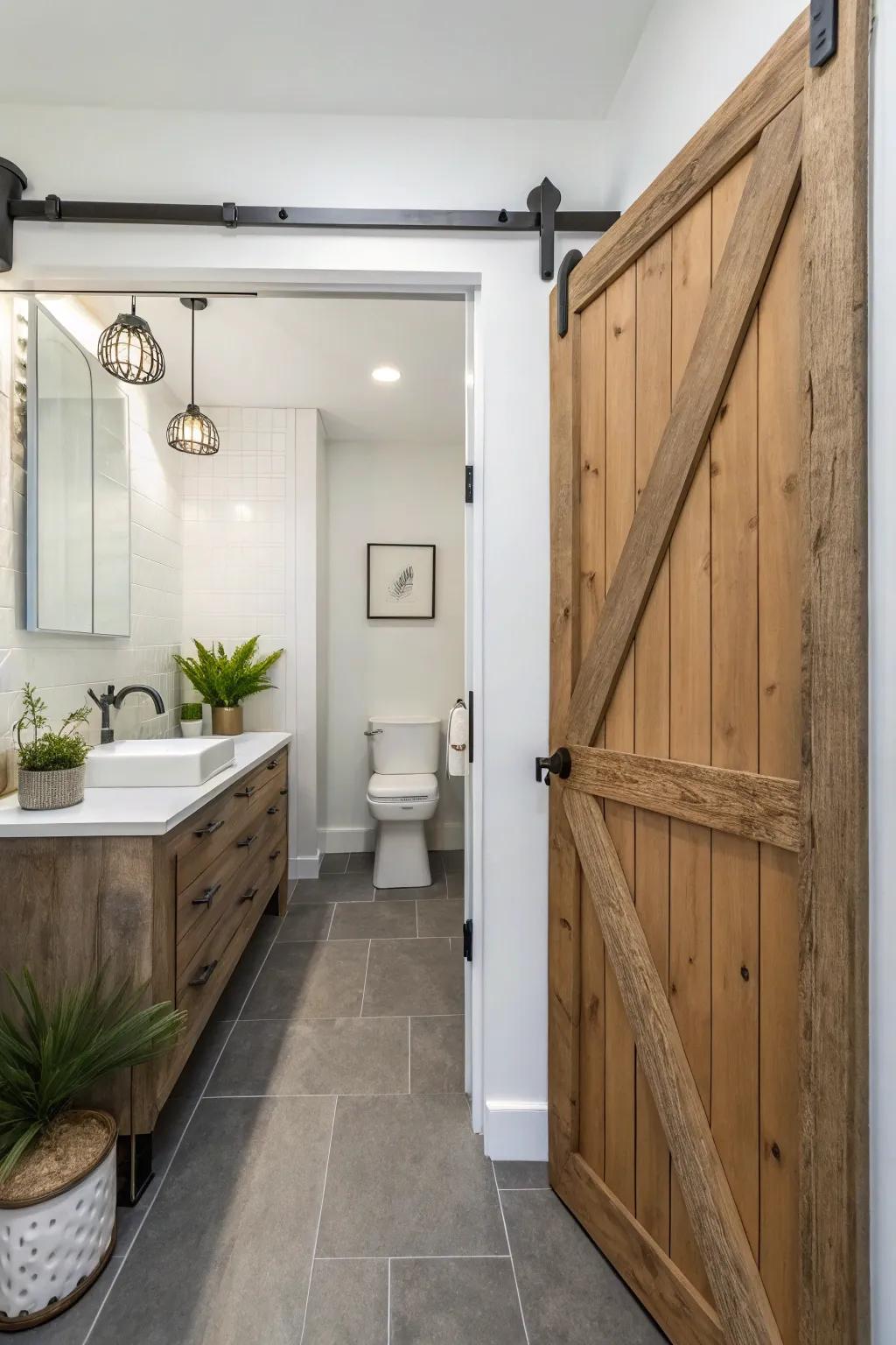Sliding barn doors are ideal space-savers for narrow bathrooms.