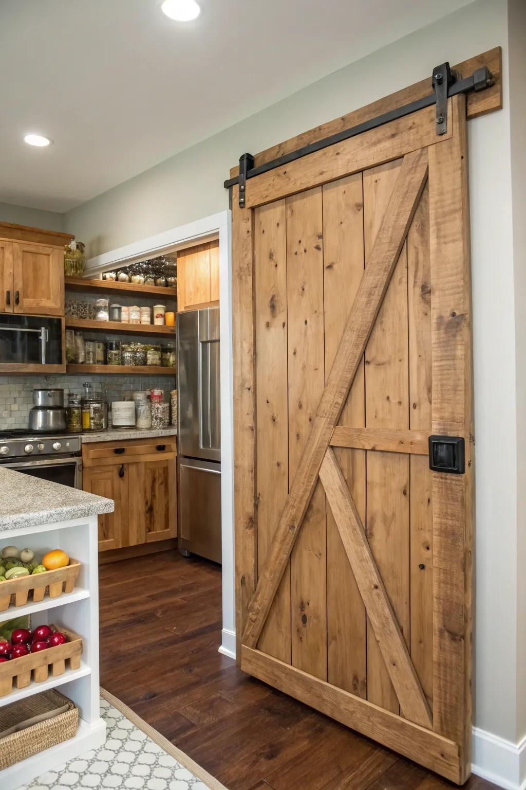 A kitchen featuring a DIY sliding barn door pantry built from reclaimed wood.