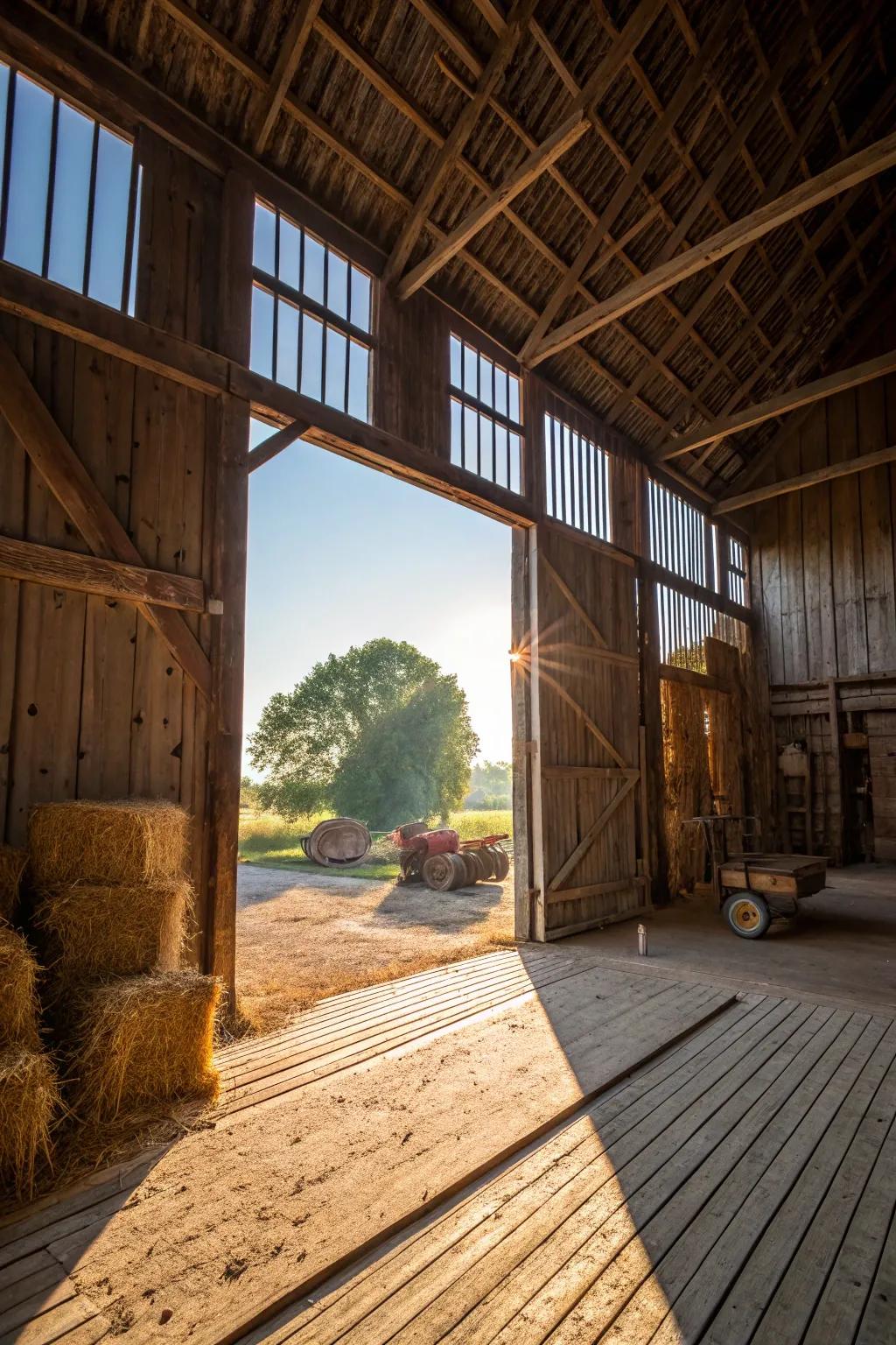 Large barn doorways allow natural light and establish a welcoming vibe.